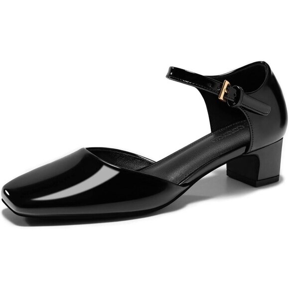 Shoes - Womens Chunky Low Heels Ankle Strap Square Toe Dress Pumps Work Party Shoes